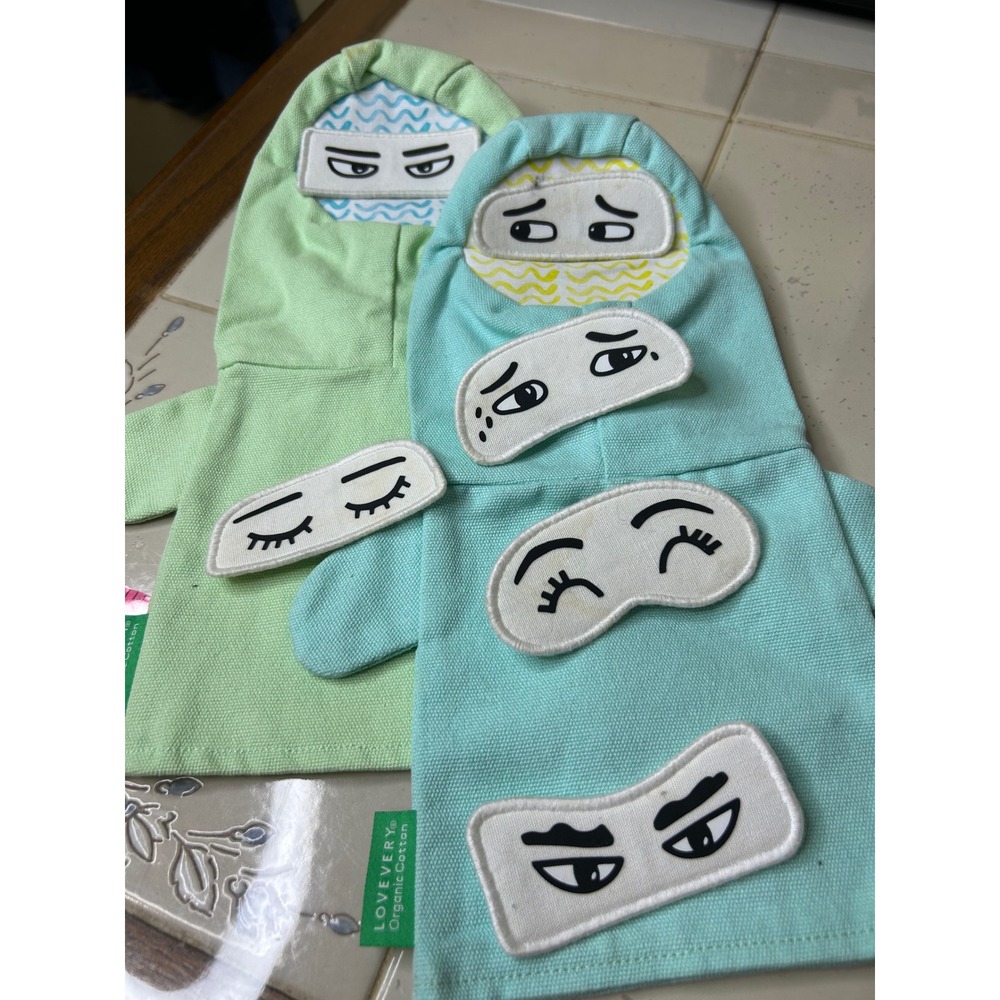 LOVEVERY‎ Organic Cotton Kids Puppet Mint Green Light Green Faces